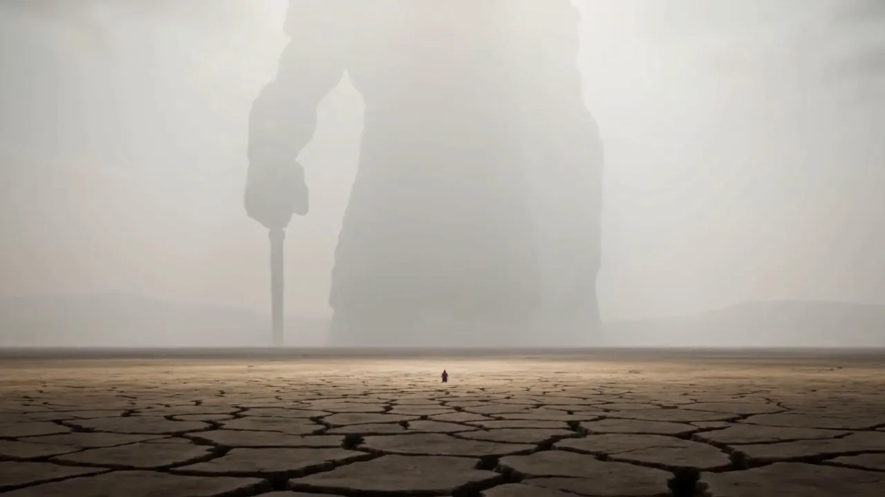A colossus looms out of the mist above the tiny man