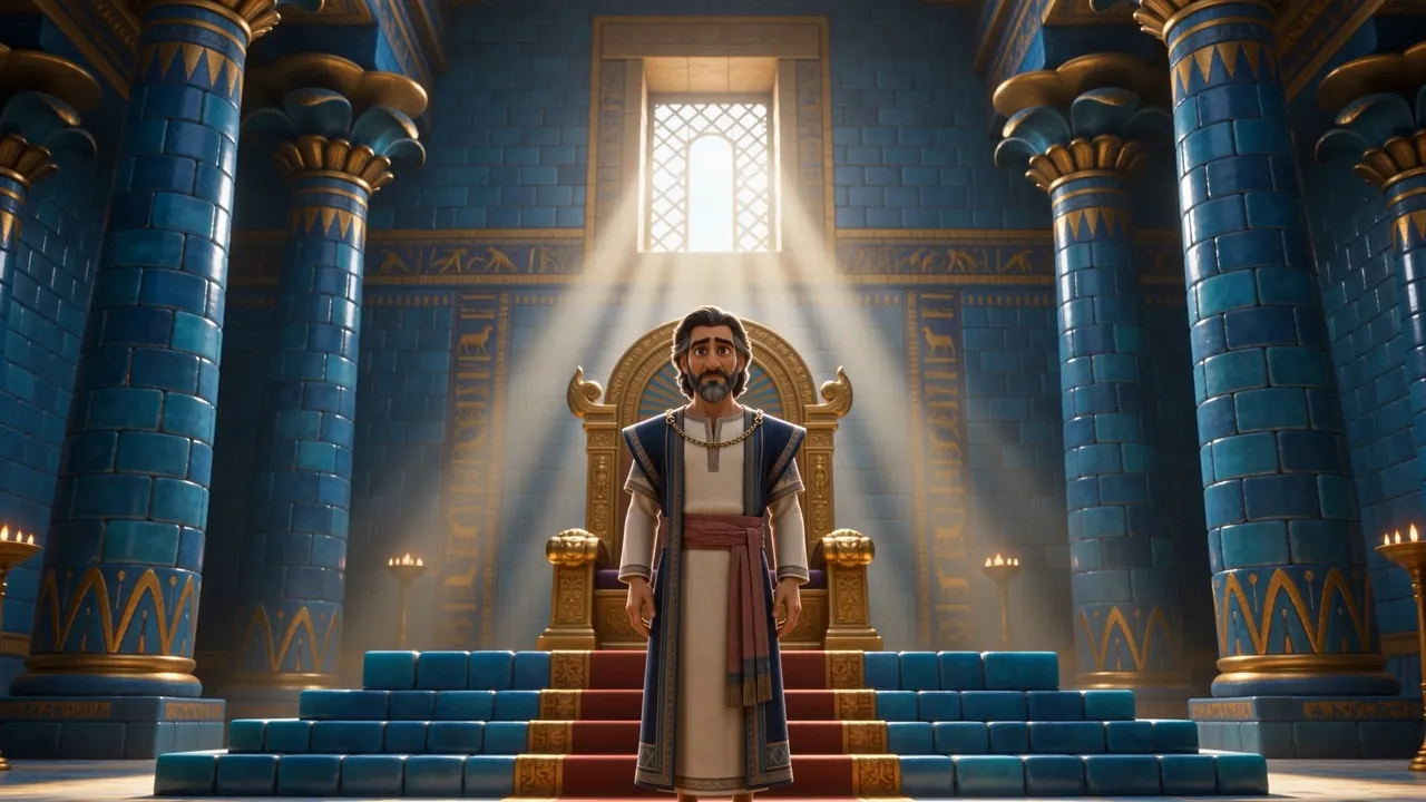 Daniel — gray now, decades on — stands in the blue throne hall