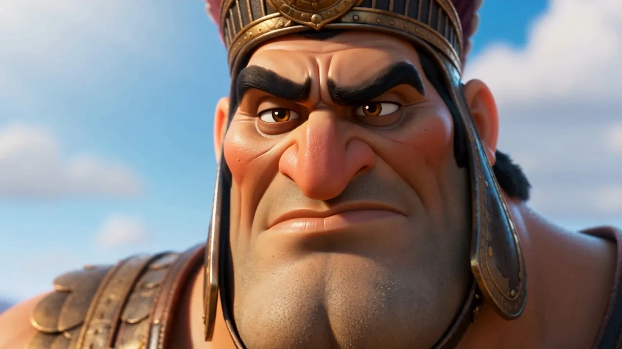 Goliath's mocking face, huge and near