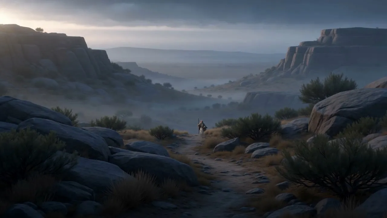 Enoch walks a canyon path in the gray dawn