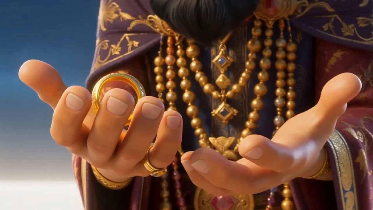 A ring held out in a jeweled hand