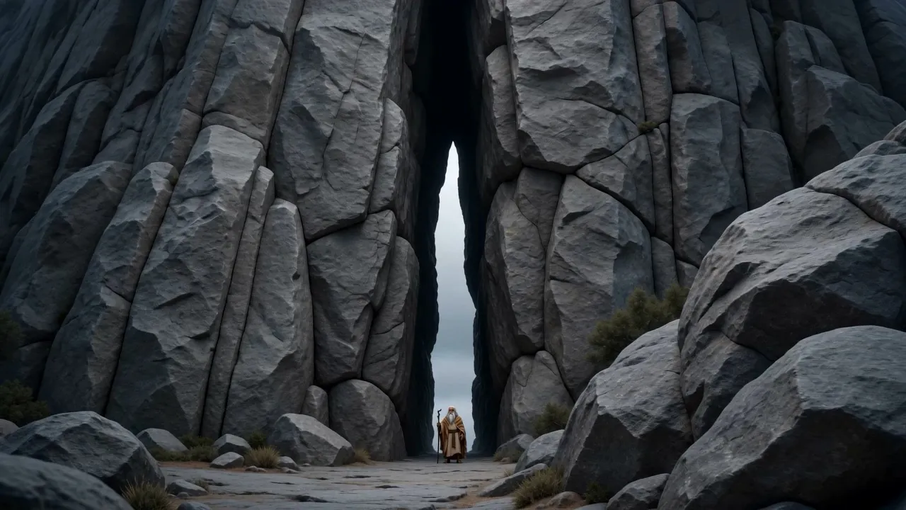 A narrow split in a vast gray cliff