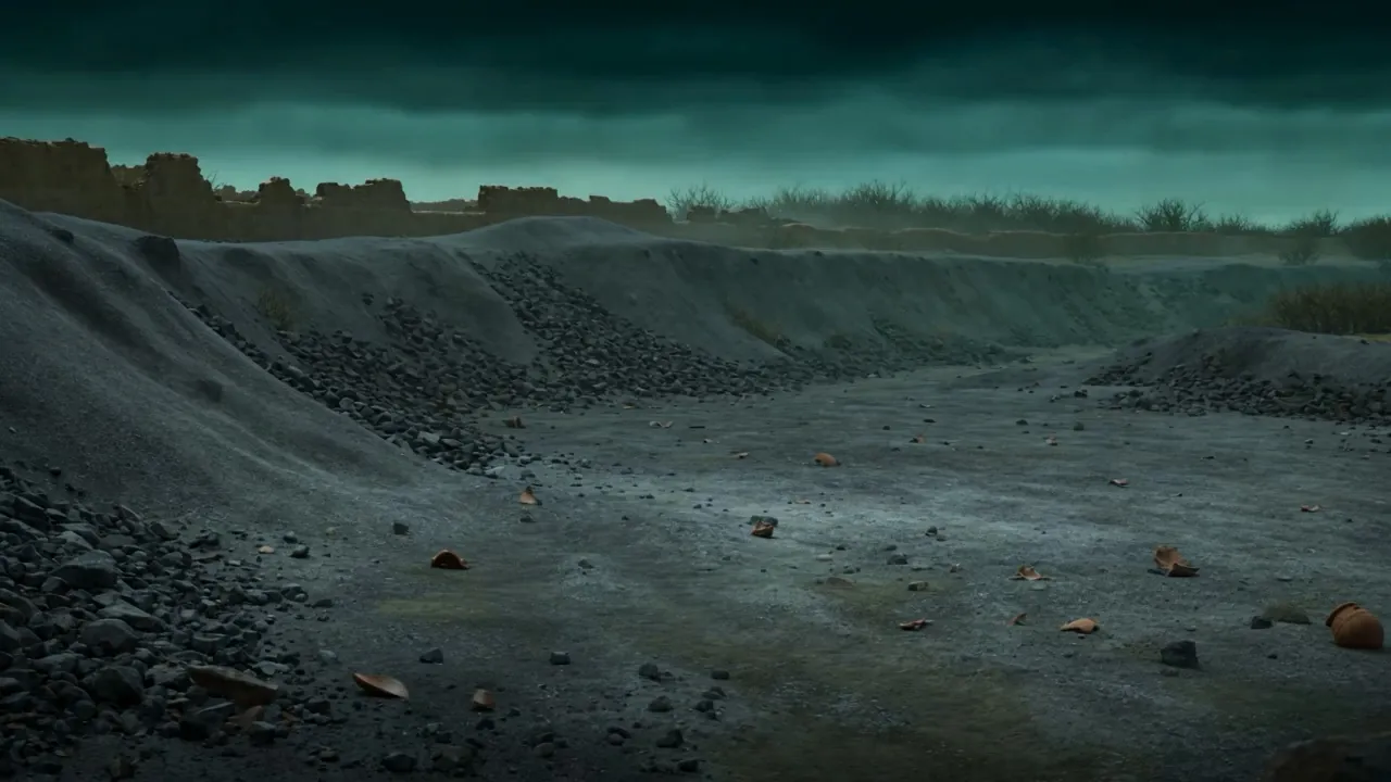 Gray ruined country under a bruised sky