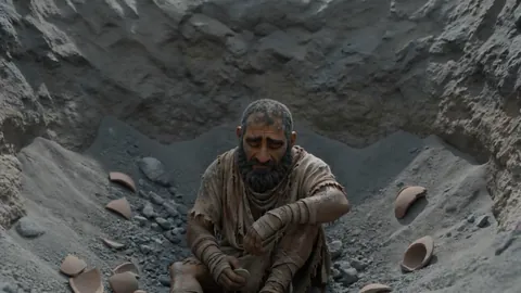 A man sitting in a pit of gray ash, scraping himself with a piece of broken pottery