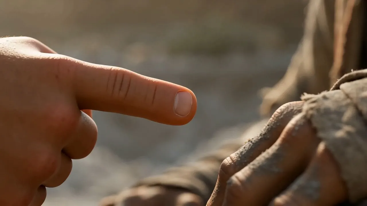The finger, enormous, filling the sky