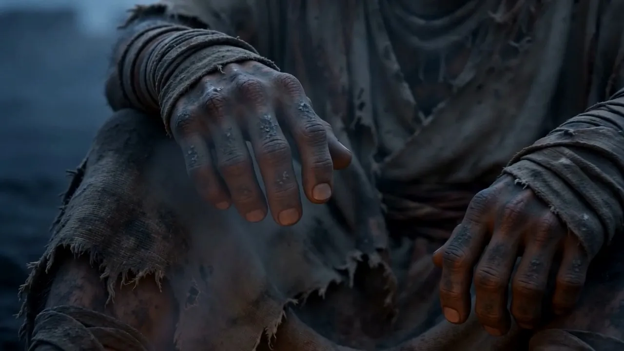 Then — a ruined bandaged hand on gray ash