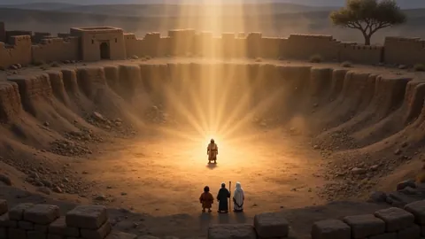 A shaft of golden light falling on one man at the bottom of a gray crater