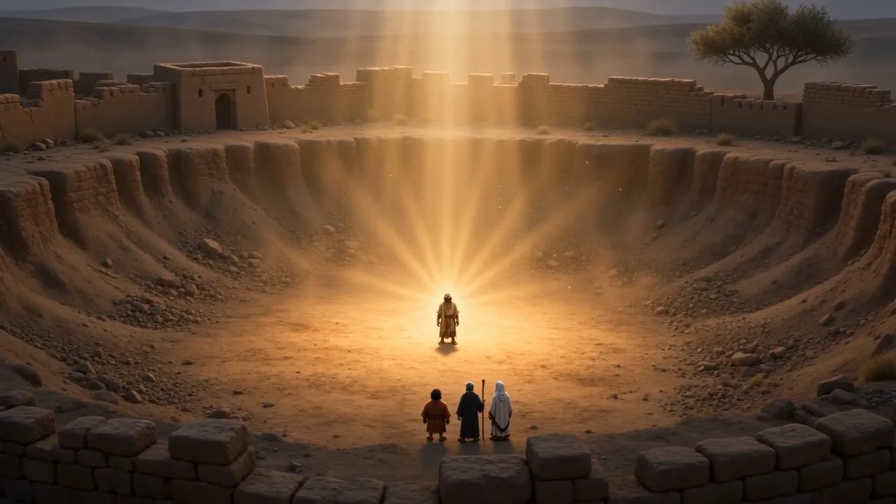 A shaft of golden light falling on one man at the bottom of a gray crater