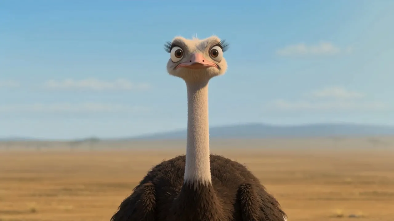 An ostrich looks straight at you