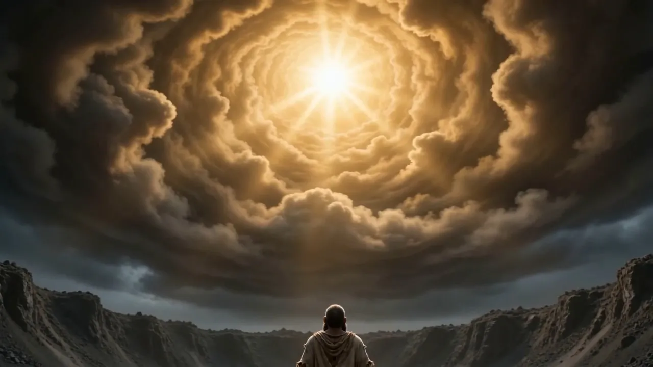 He walks toward the light at the center of it
