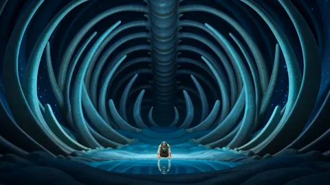 The inside of a great fish lit blue like a cathedral with a tiny figure kneeling at the center