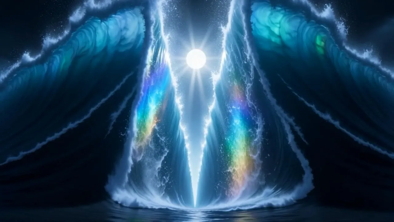 Two walls of water, colors running through them