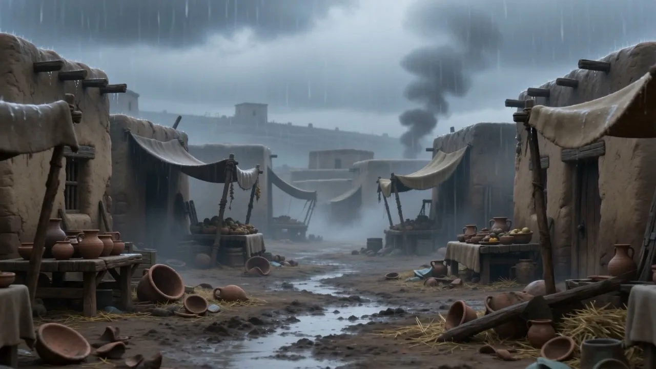 The wrecked market in gray rain