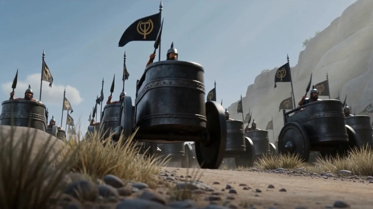 Armored chariots roll along a track below a ridge