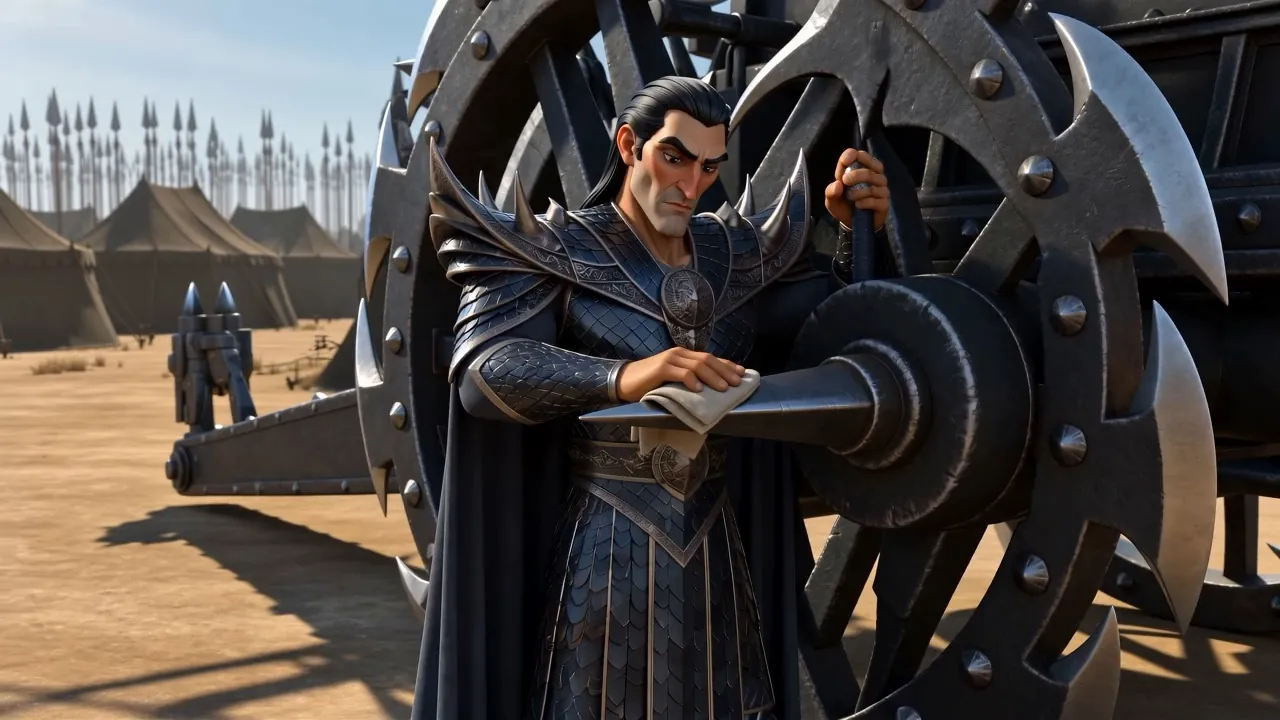 A tall man in scale armor polishing a chariot wheel