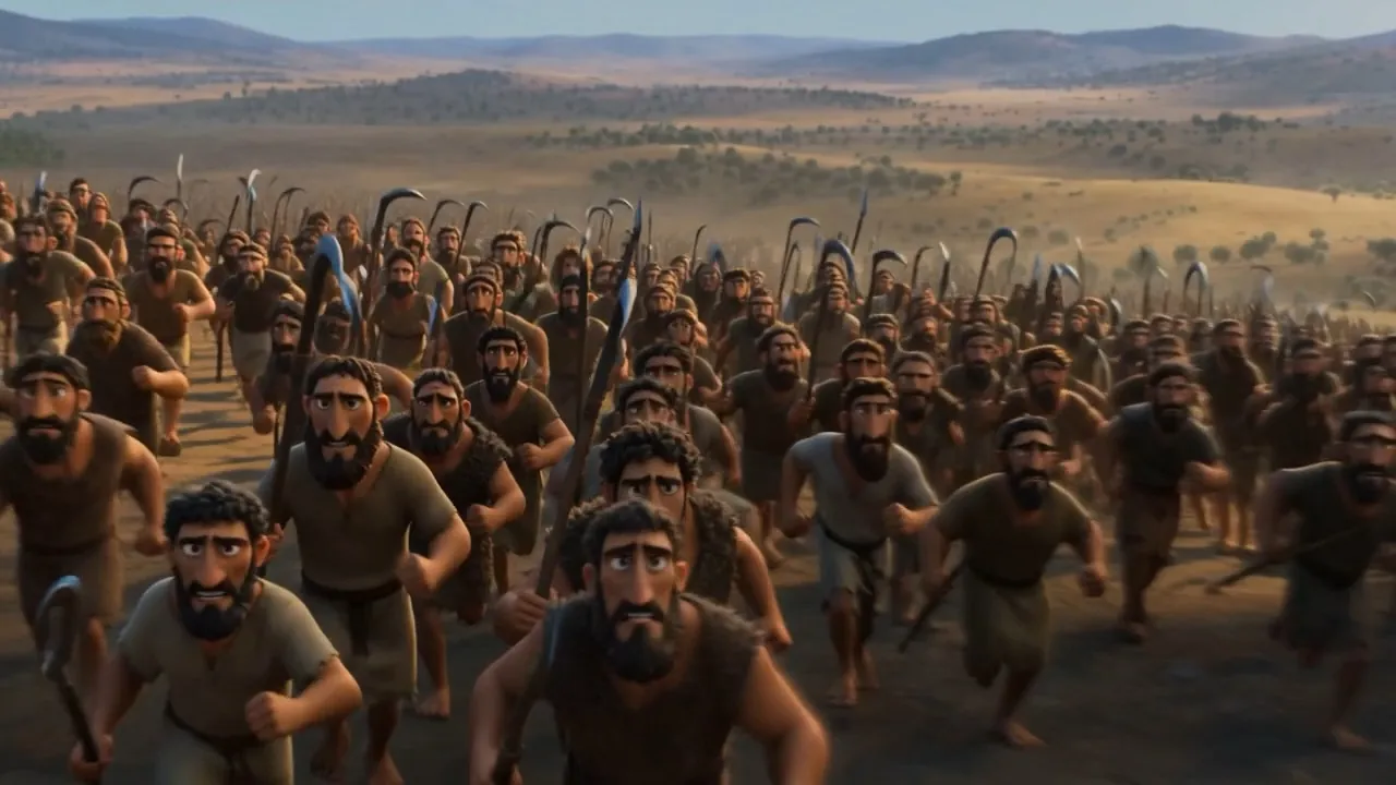A crowd of ordinary men, no armor among them