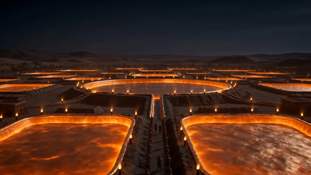 From above: glowing circular molds in the dark plain