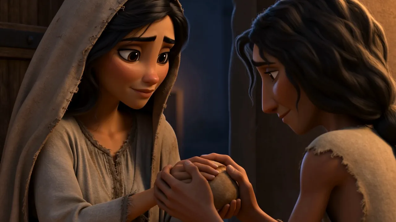 The widow hands bread out to a neighbor at her door