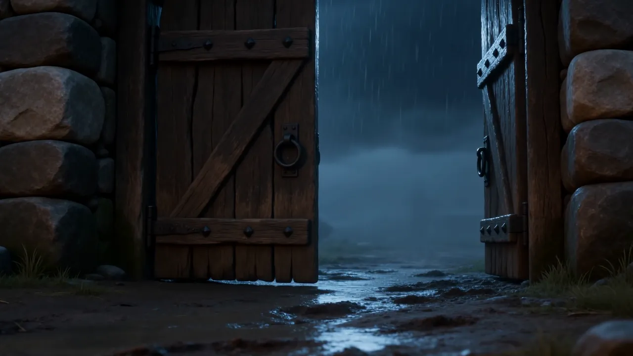 The empty gateway, rain falling, the prophet gone