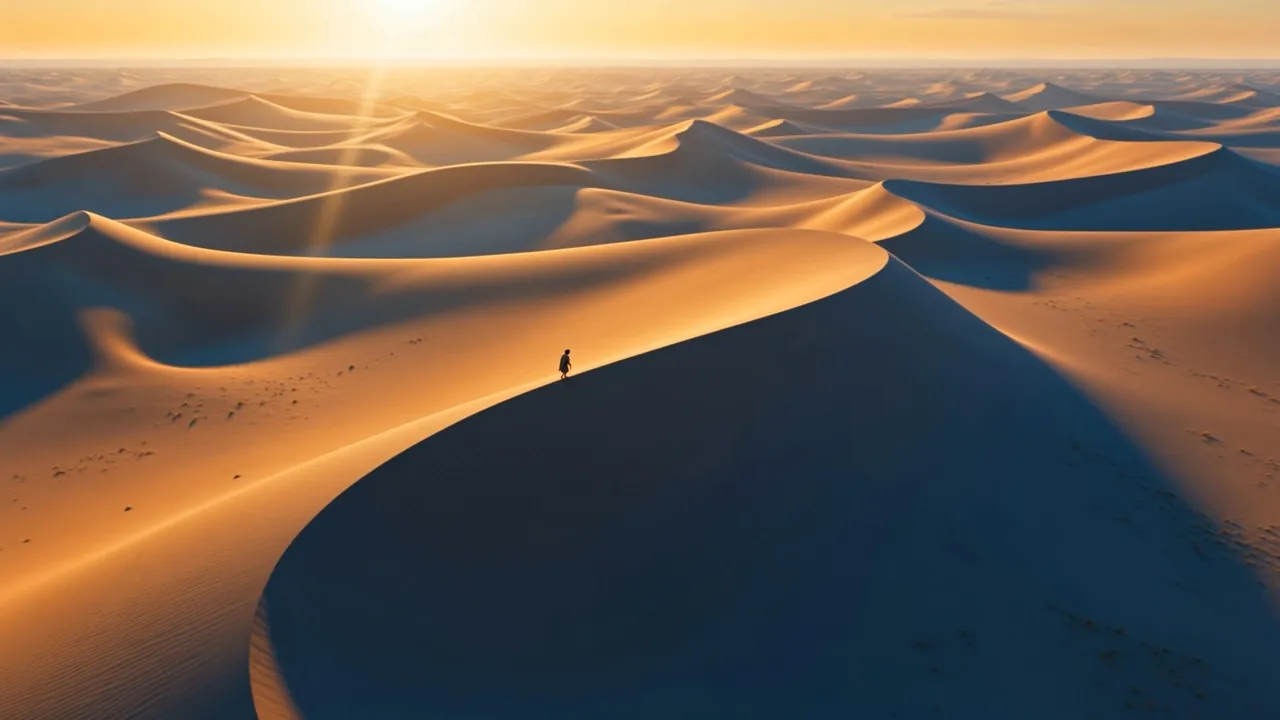 A single traveler crosses an ocean of dunes at sunrise