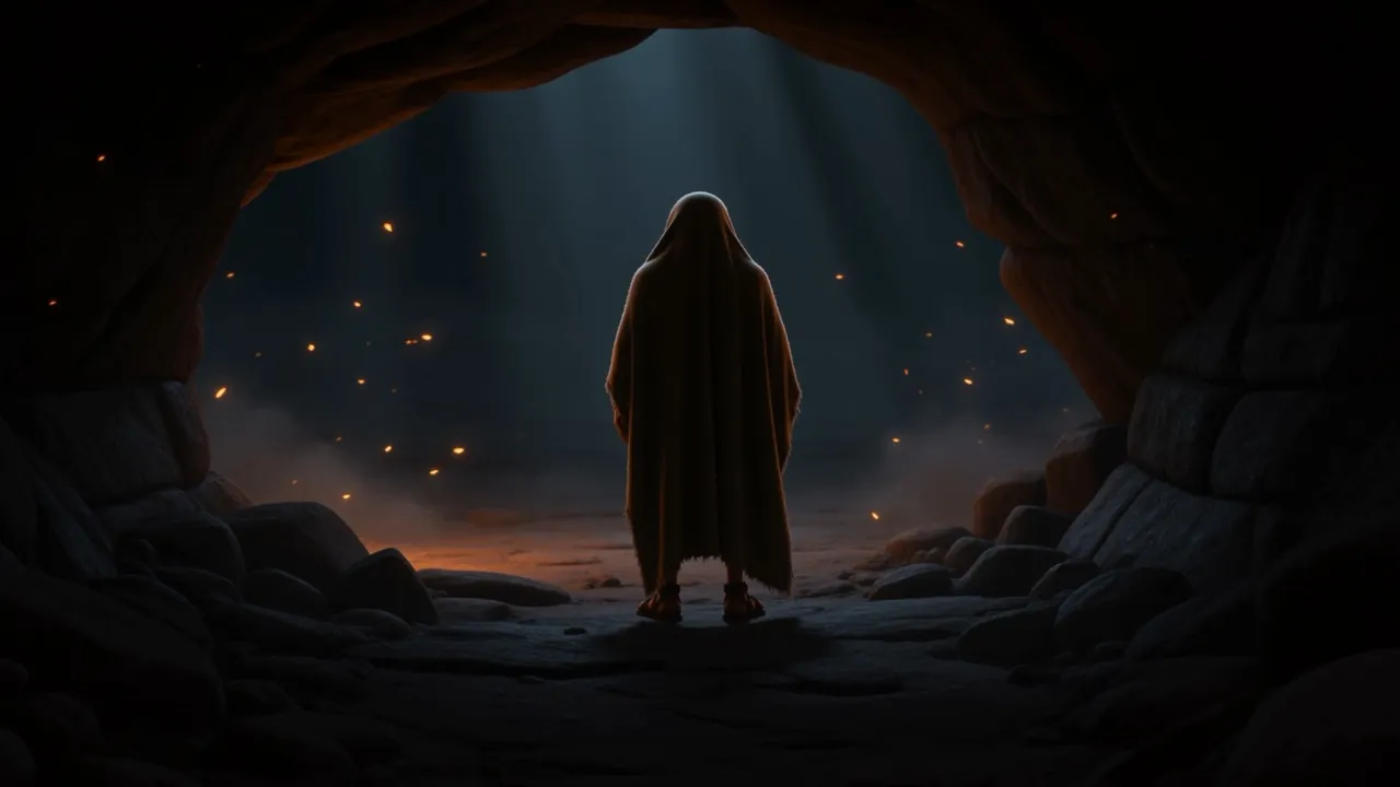 One man at the mouth of a cave, waiting to be spoken to