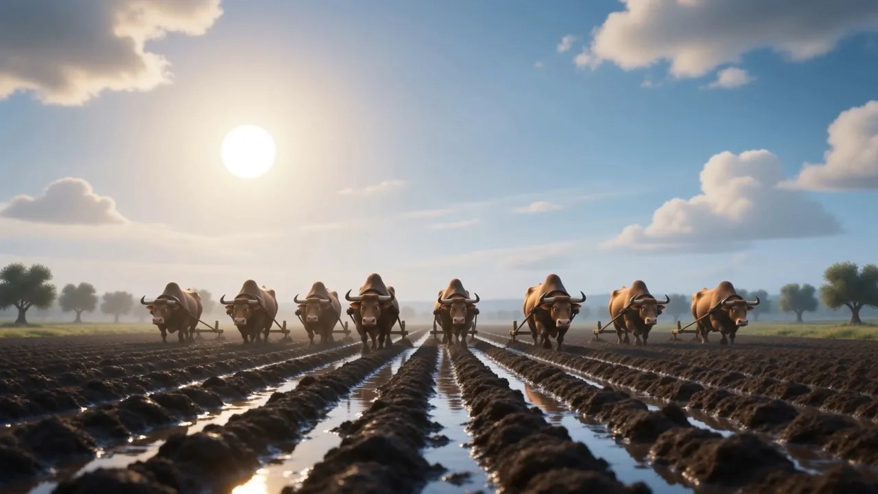 Twelve yoke of oxen plow a wet field under a bright sky