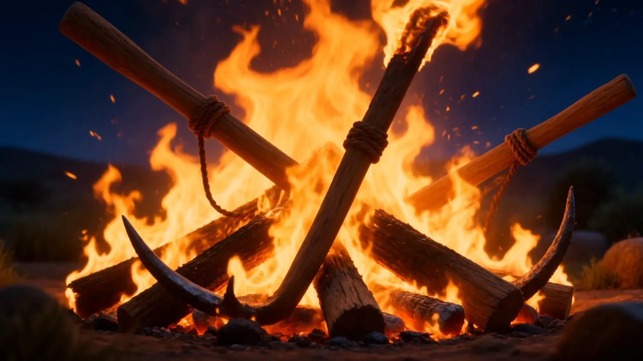 A bonfire of broken plows blazes in the evening field