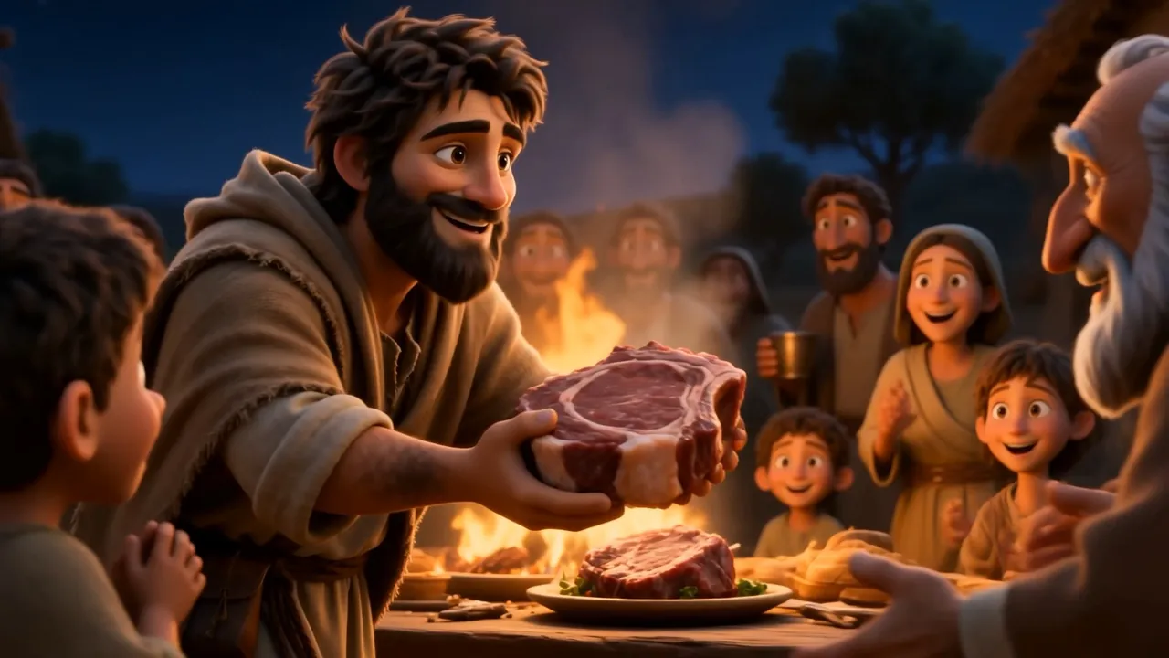 Elisha carries a platter to a crowd of neighbors