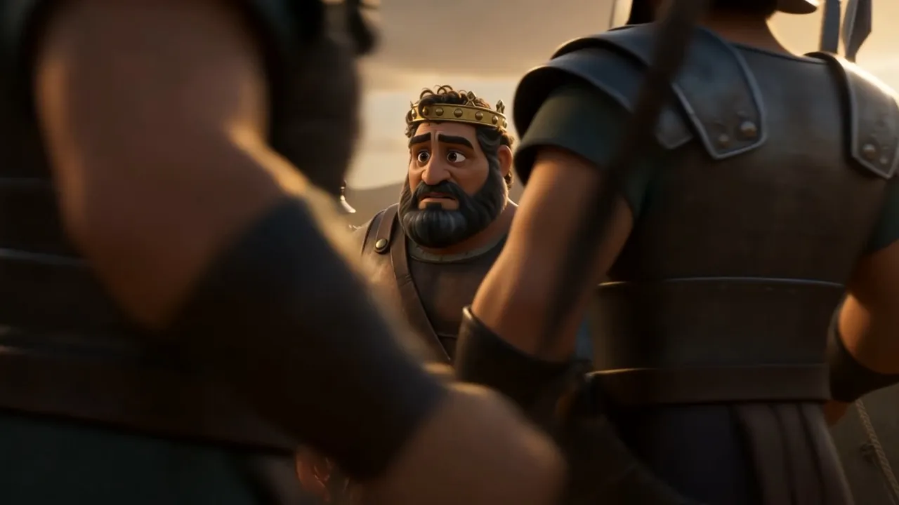 Ahab is buckled into plain armor, crown coming off