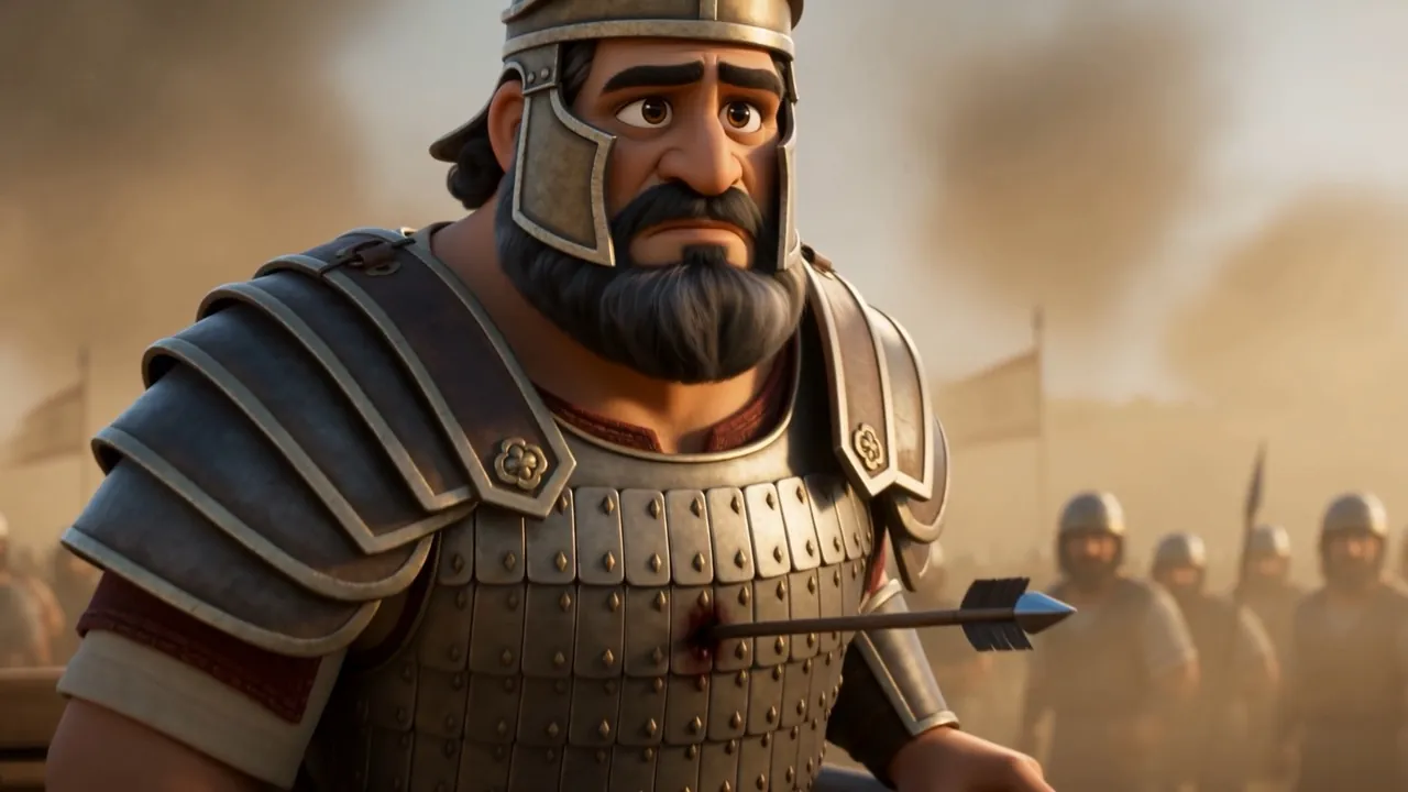 An arrow stands in the joint of his armor