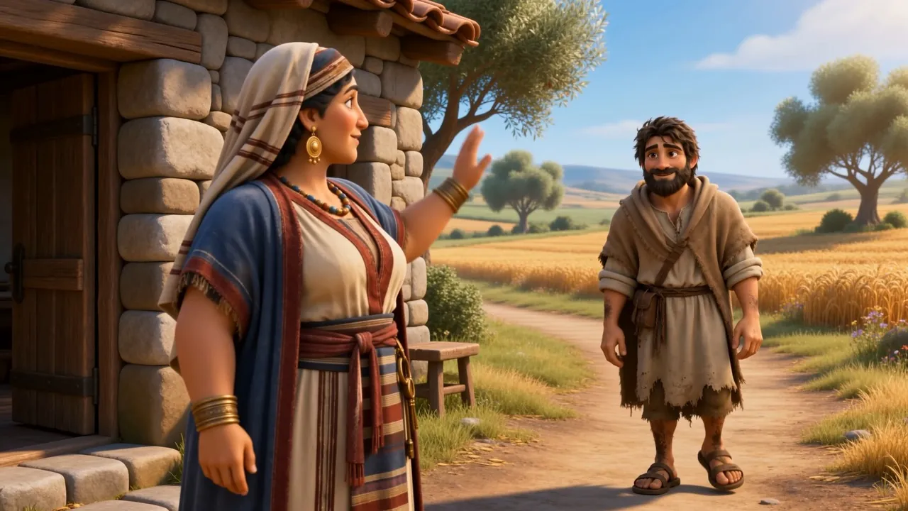 A woman flags down a traveler on a field road