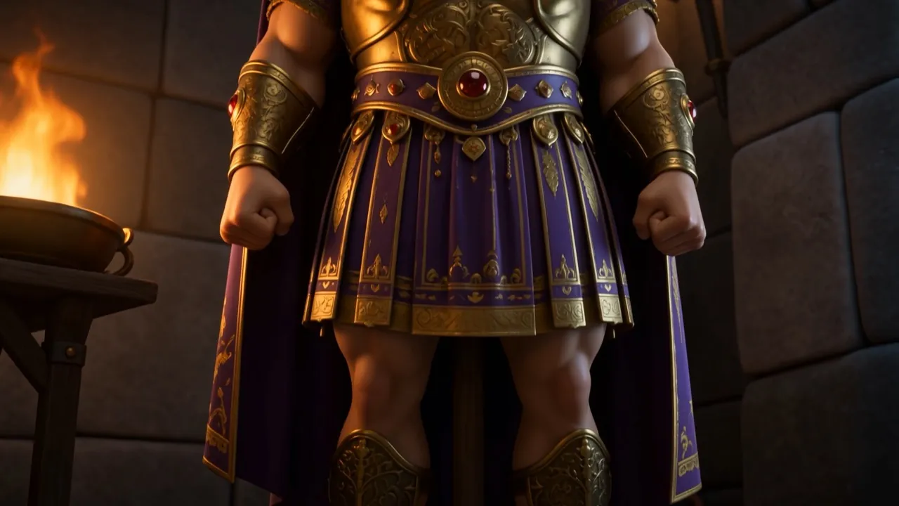 A commander's armor, seen from below, firelit