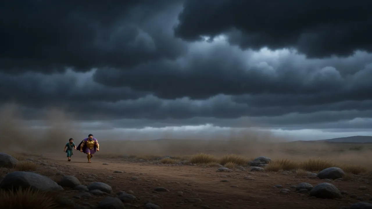 Two figures very small under a huge gray sky