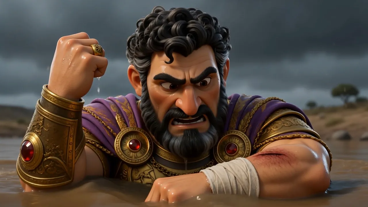 Fist clenched, water streaming off gold armor