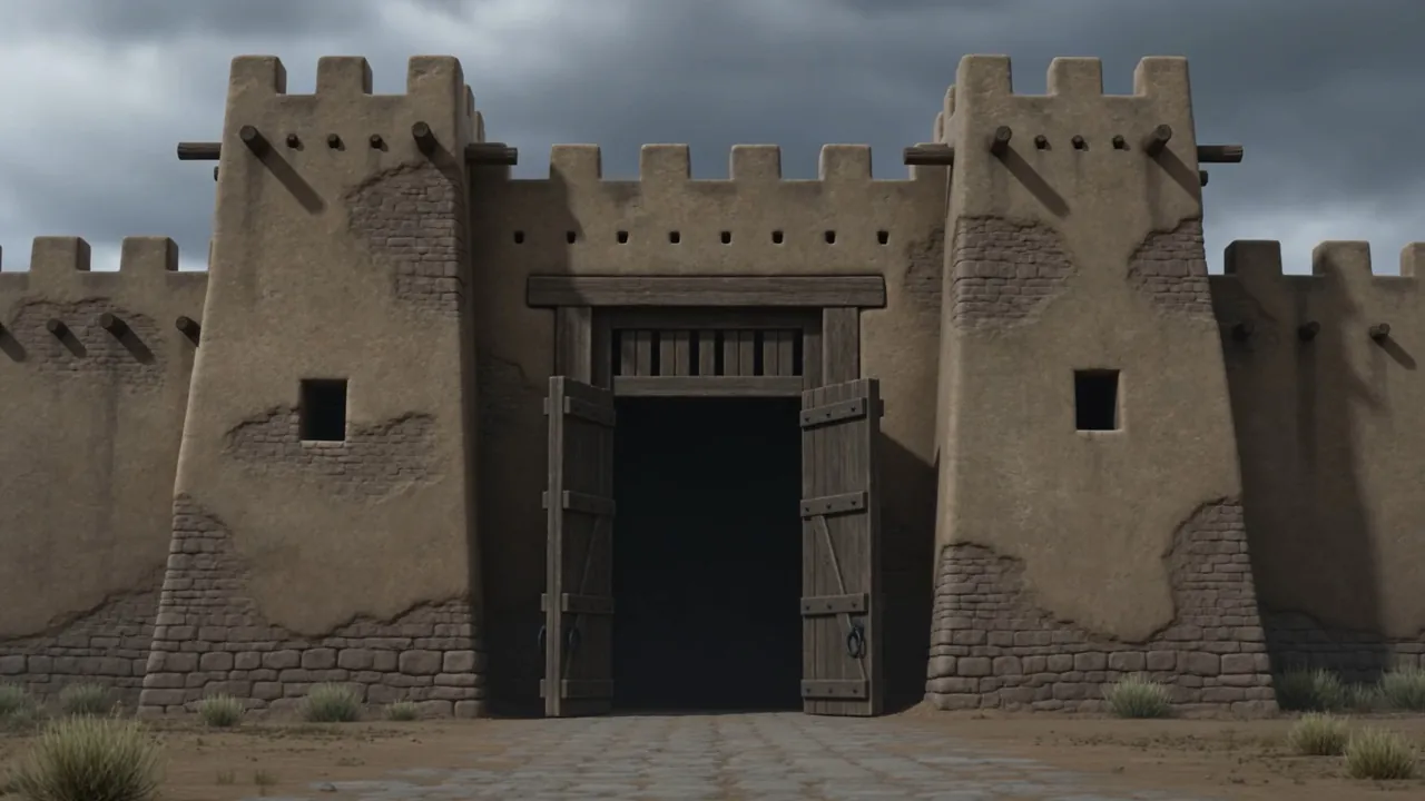 A city gate standing wide open under a gray sky