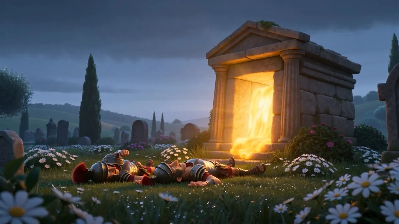 Armored men flat on their backs in the grass