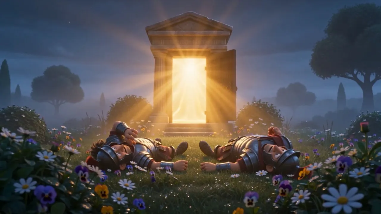 Daisies, armor, and an open door