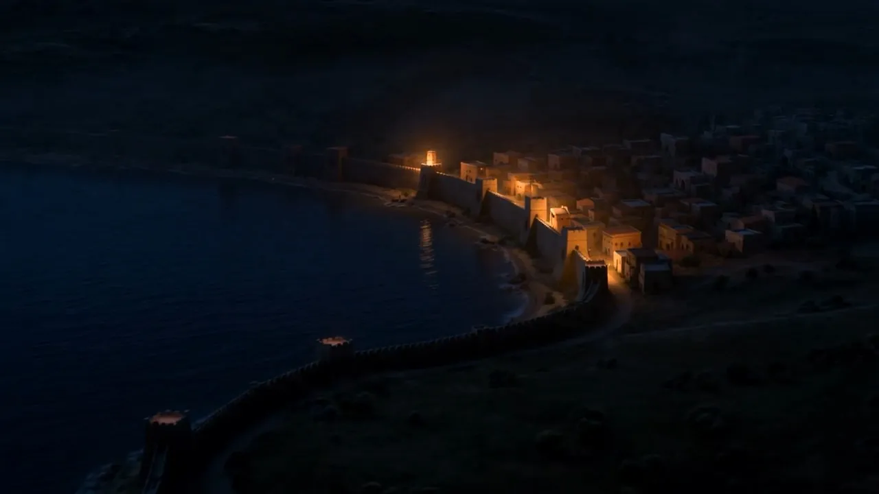 A harbor town, burning gold in the dark