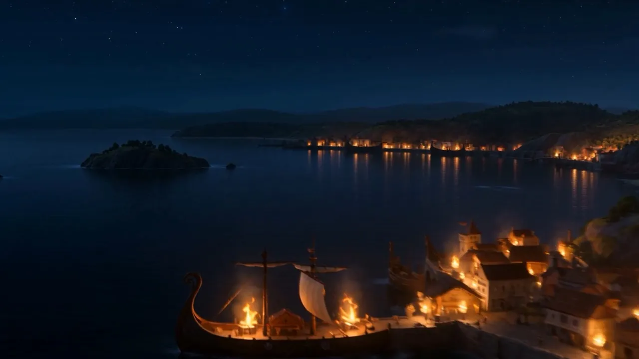 Ships in a lit harbor