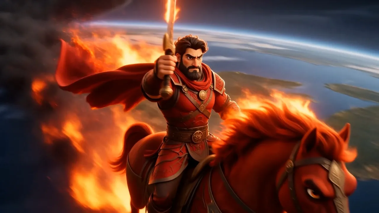 Its rider lifts a great sword, and the sky goes the color of a forge
