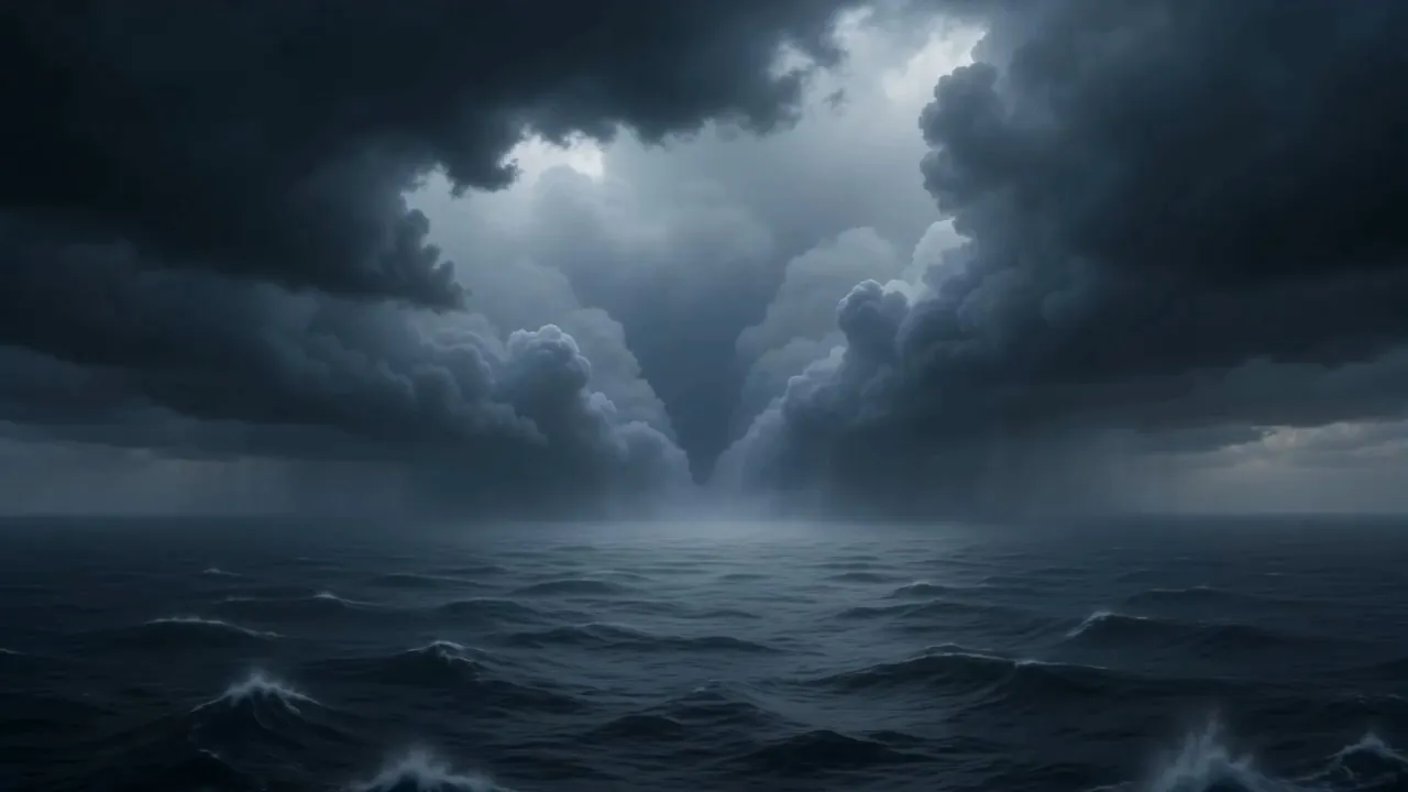 A gray ocean under towering storm-light, and the cloud-banks opening
