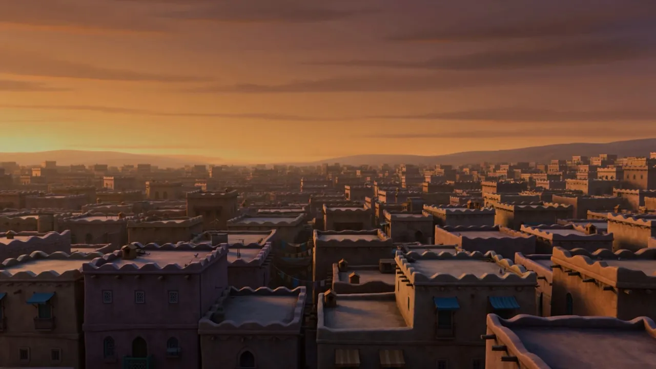 Rooftops at dusk. The square is somewhere down there, out of sight