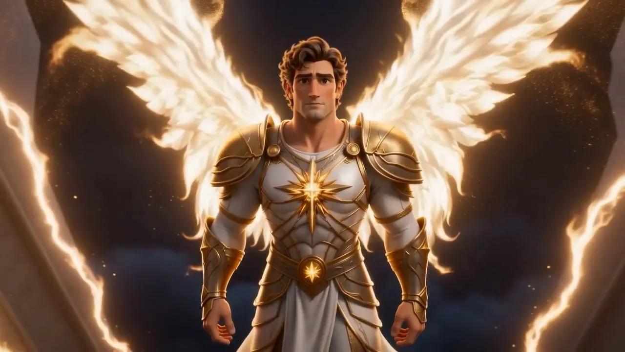 Gold-armored, wings of white flame, descending without hurry