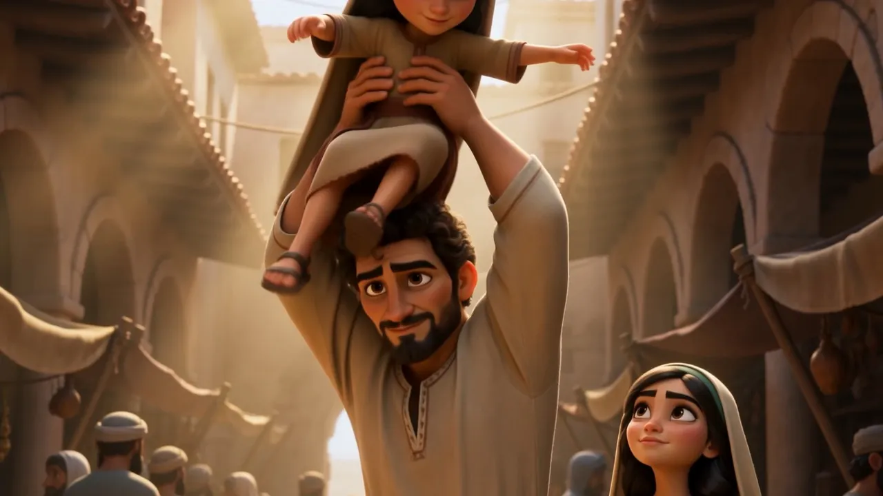 Her father swings her up onto his shoulders in one practiced arc