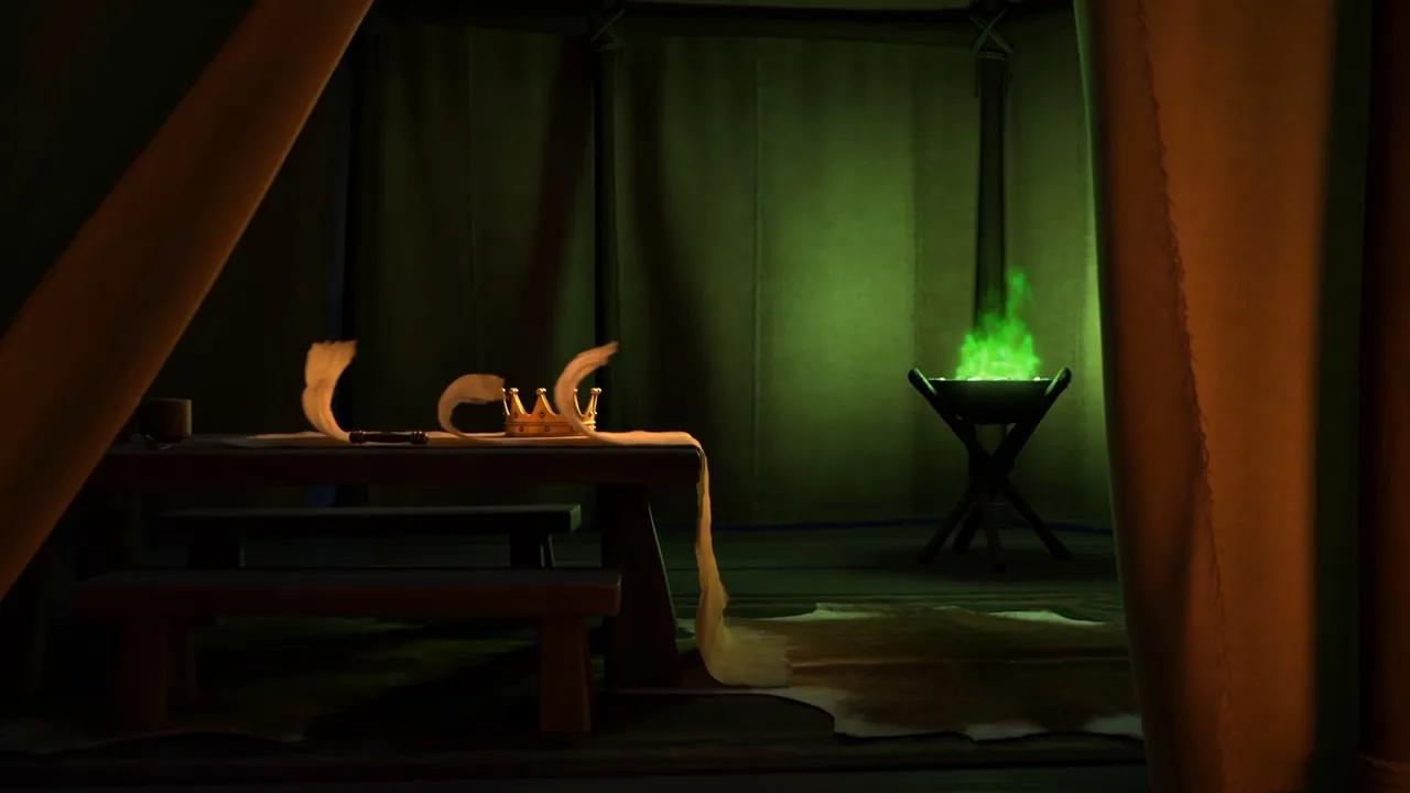 The hangings shiver. The brazier burns briefly, unmistakably the wrong color