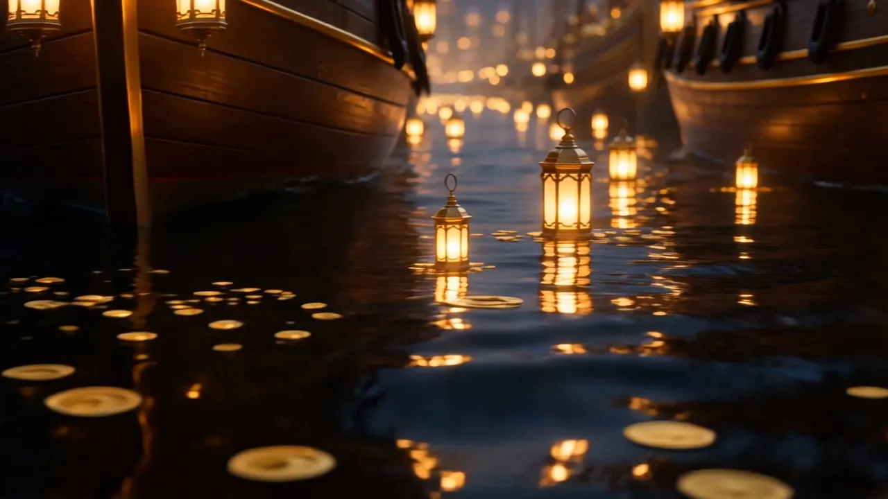 Lantern-flames doubled on black water, like a harbor full of coins
