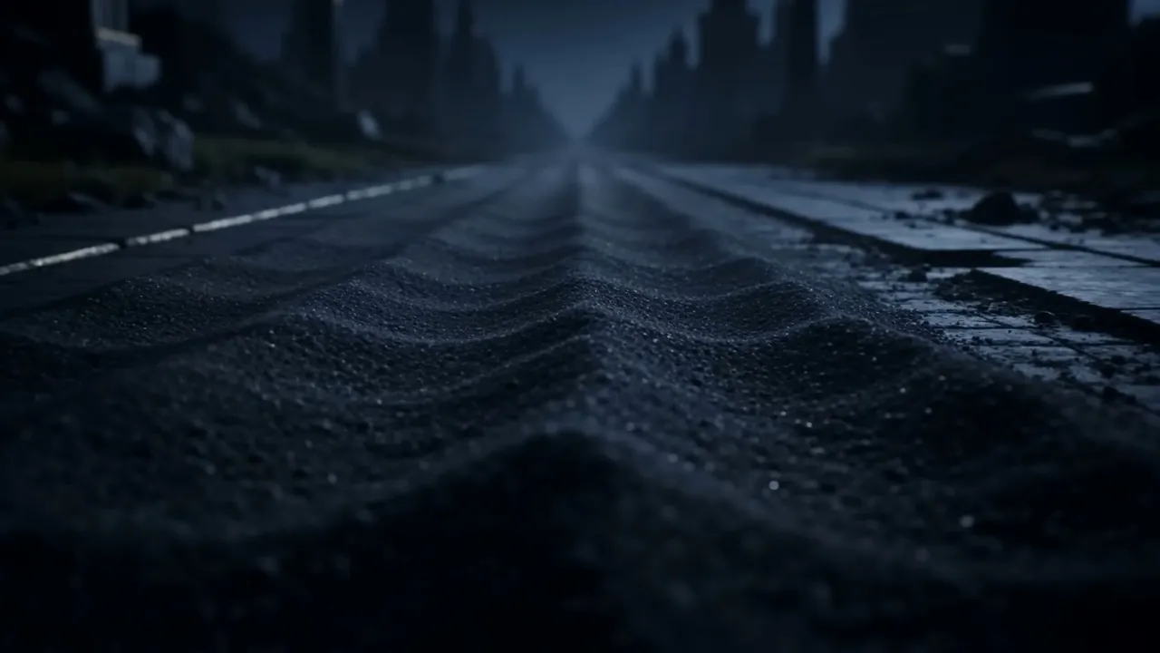 Dust rolling softly down the avenues, gray on black