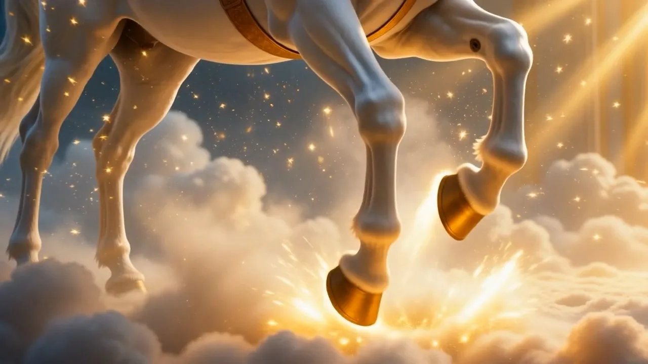 One forehoof comes down on the cloud, and dawn-colored sparks fly
