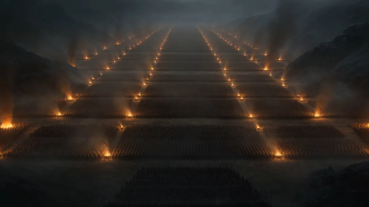 Torch-fire settled into grids, formations like dark fields plowed in rows