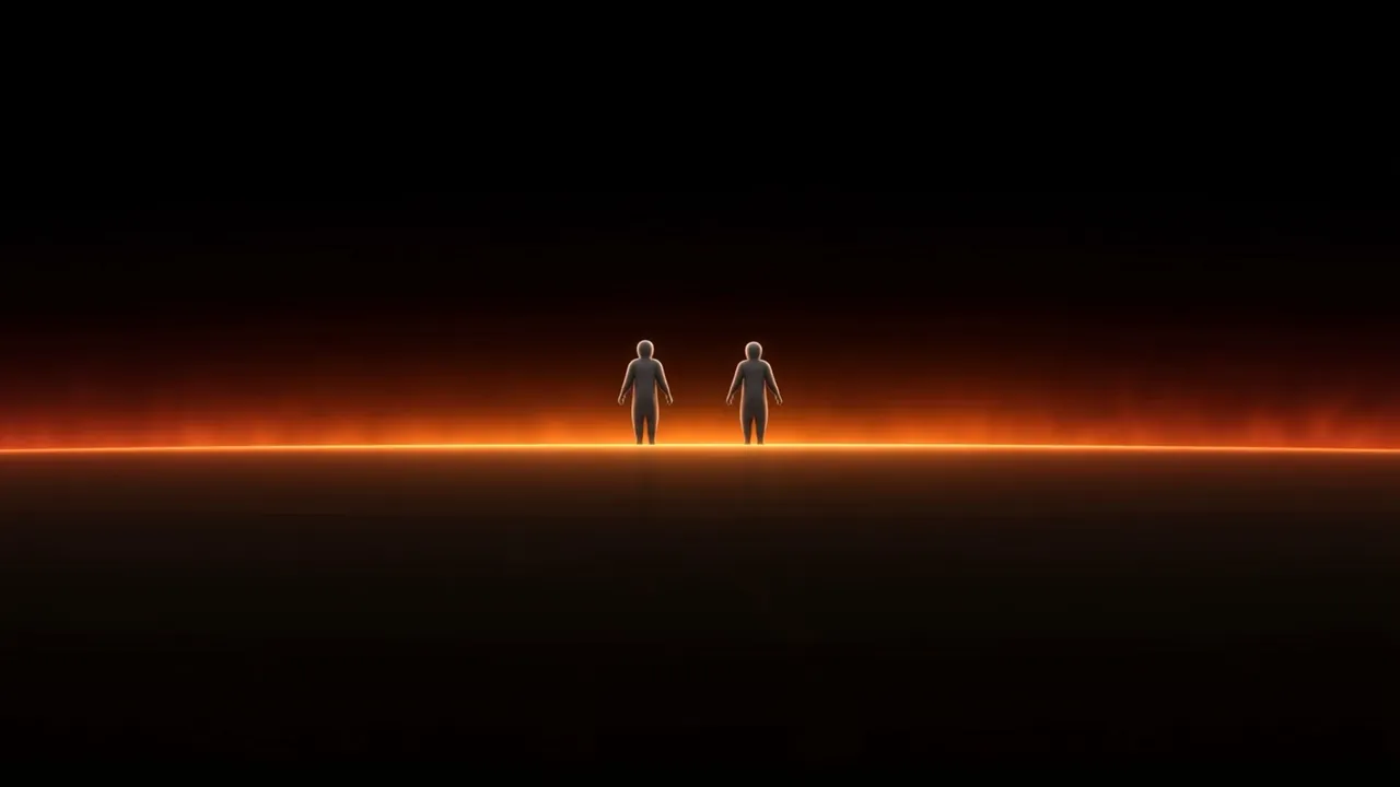 Far off at the world's rim, two small gray shapes, and a low glow beyond them